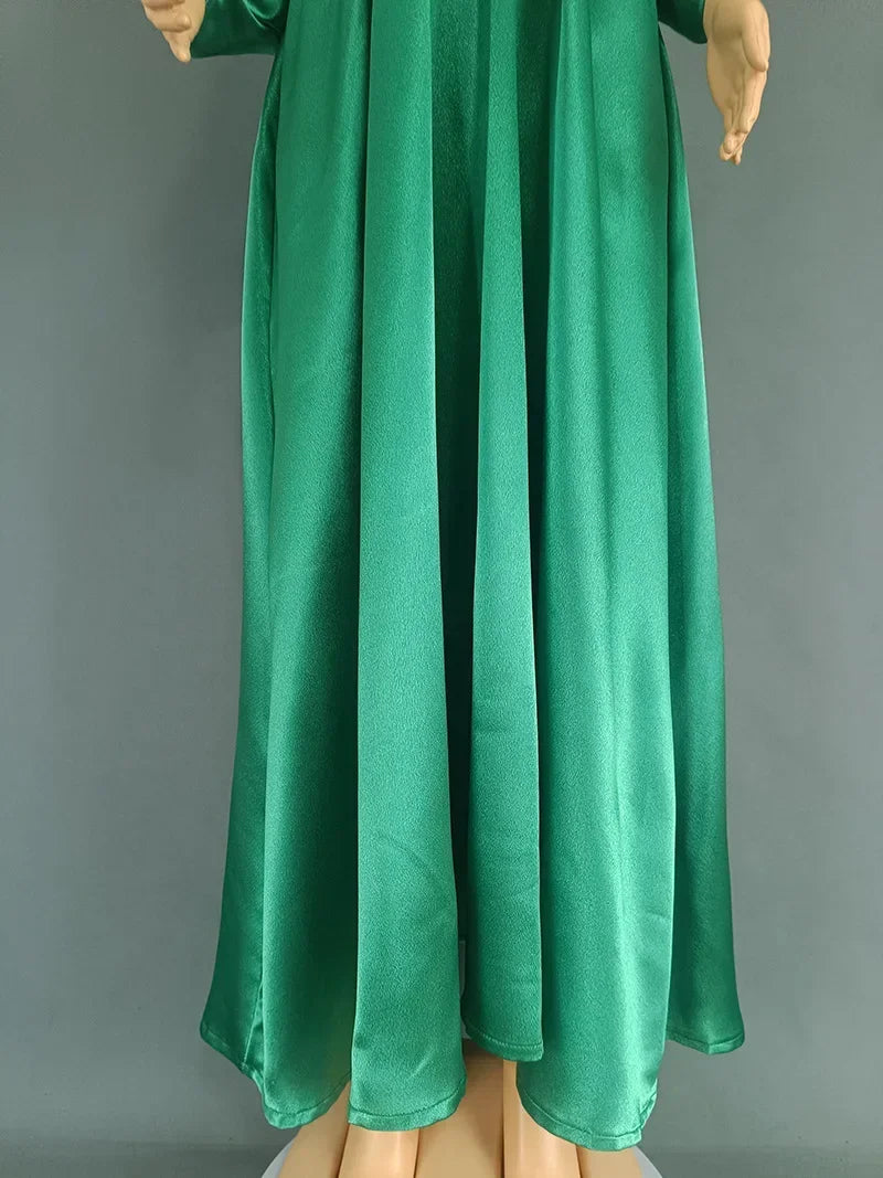 Women Elegant Shiny Satin Loose Party Dress V Neck Beading High Waist Long Gowns Formal Celebrate Evening Event Birthday Robes