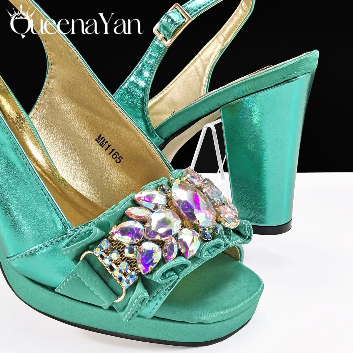 Queena Yan Spot goods 2025 INS Green Color Elegant Women Shoes and Bag Set Decoration Rhinestones Women High Heels Shoes