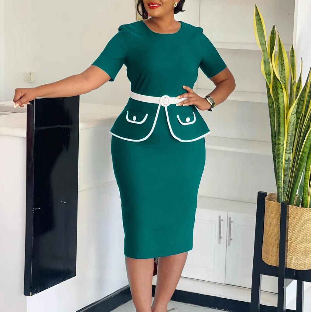 Elegant Fashionable Stretchy Short Sleeve Wrap Body Midi Dress Large Size African Style Commute Dress High Waist Skirt