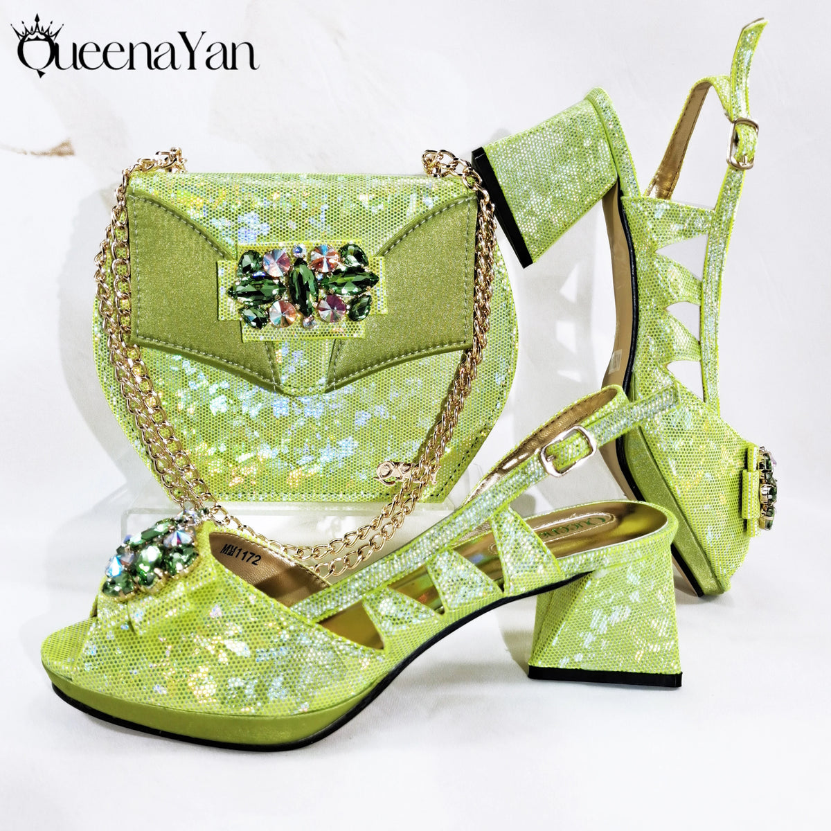 Queena Yan Newest Italian Design Special Synthetic Fabrics Women's Matching Shoe and Bag Set High Heel for Weddings and Parties