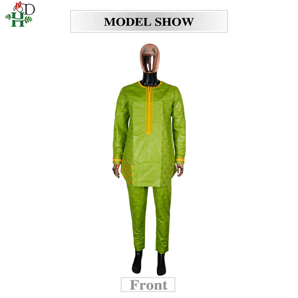 H&D African Clothing For Man Traditional Agbada Sets 2PCS Green Bazin Riche Shirt Pant Embroidered Wedding Party Suits Plus Size