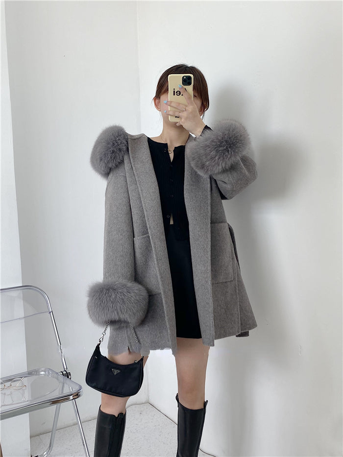 2024 New Oversize Ladies Outerwear Real Fur Coat Winter Jacket Women Natural Fox Fur Collar Cuffs Hood Cashmere Wool Woolen