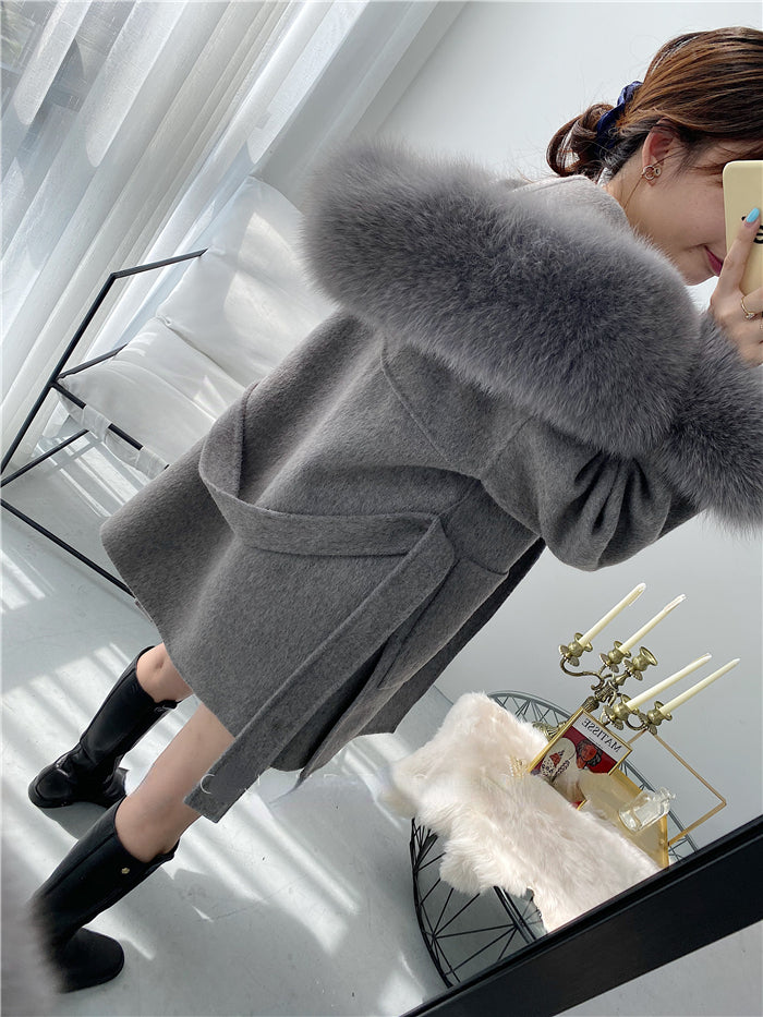 2024 New Oversize Ladies Outerwear Real Fur Coat Winter Jacket Women Natural Fox Fur Collar Cuffs Hood Cashmere Wool Woolen