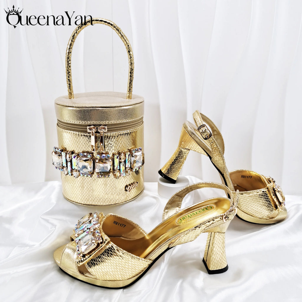 Queena Yan Italian Design African Women's High Heel Party Shoes and Bag Set Elegant Nigerian Handbag Open Shoes for Occasions