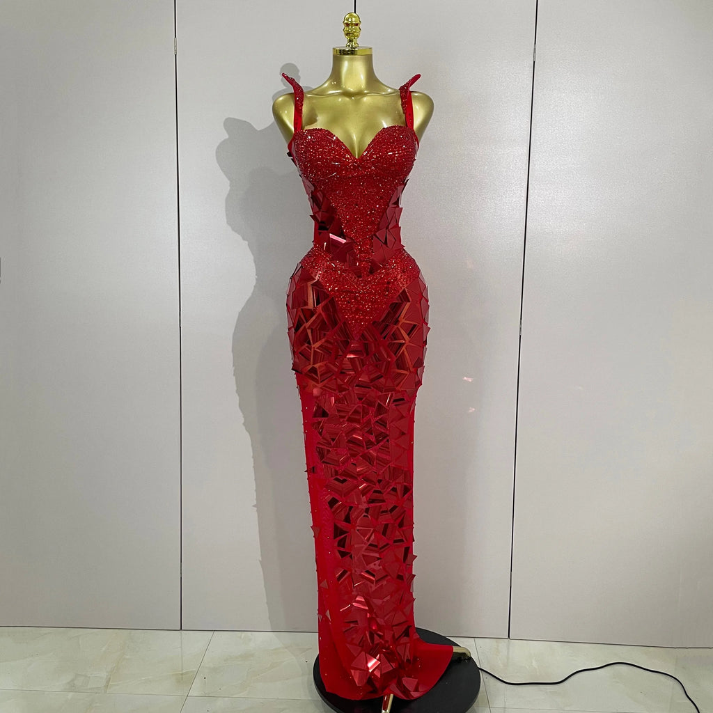 Sexy Luxury Sparkly Diamonds Mirror Sequins Mesh Transparent Long Dress Women Evening Birthday Party Nightclub Bar Stage Costume