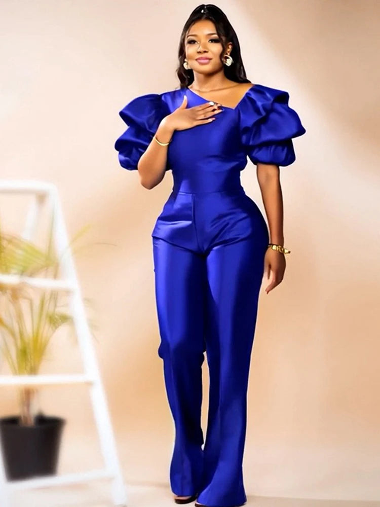 Satin Jumpsuit Woman High Quality Slash Neck Puff Sleeves Party Jumpsuits Woman Elegant Luxury Curvy Evening Jumpsuit Dress