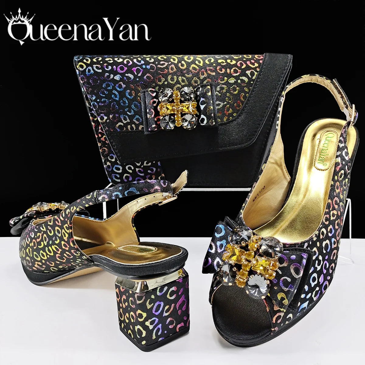 Queena Yan Light Blue Elegant Italian Rhinestone Wedding Shoe and Bag Set -Women Heels and Matching Handbag for Party