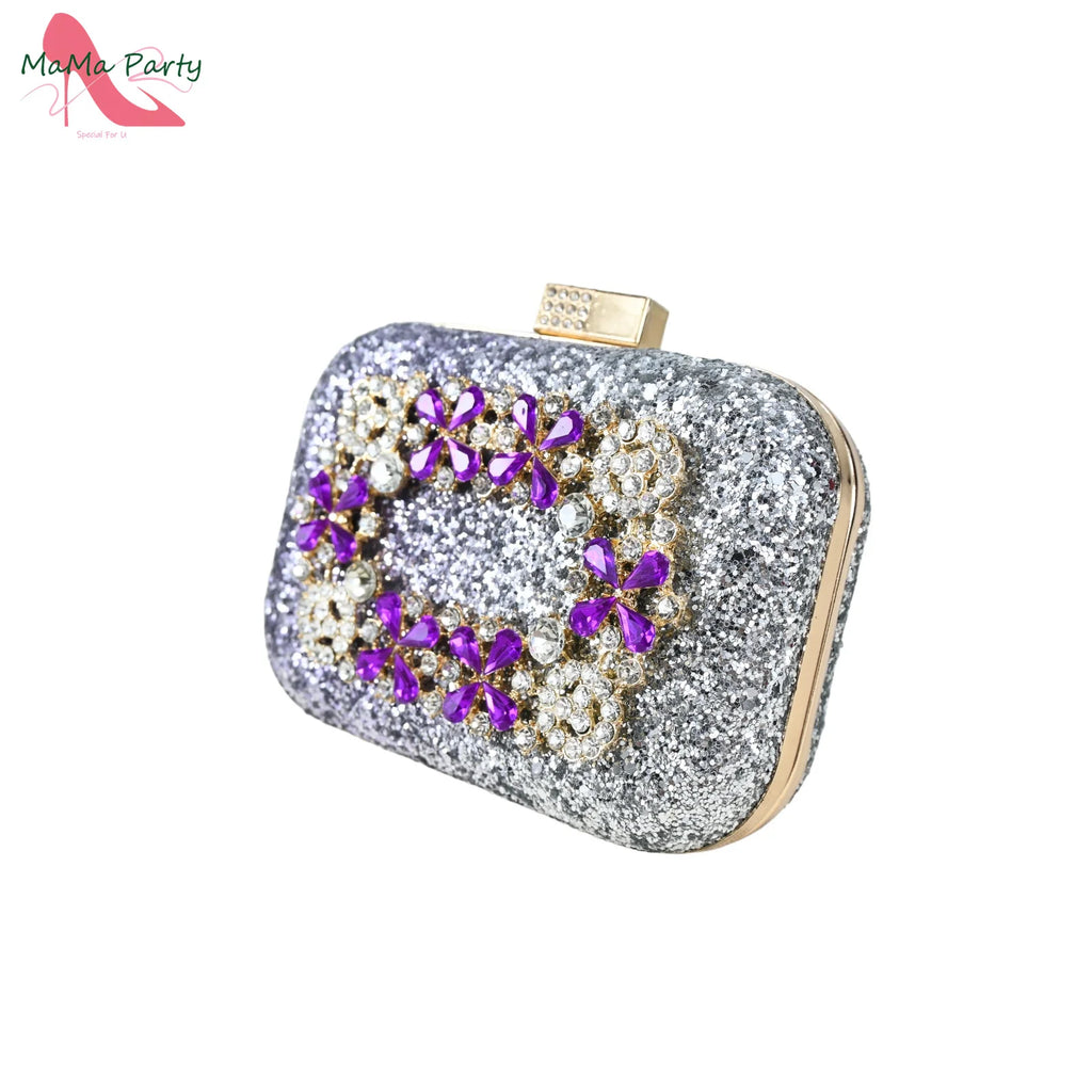 Purple Color New Design Italian Shoes and Bag Set for Wedding Low Heels Shinning Crystal Peep Toe Platform