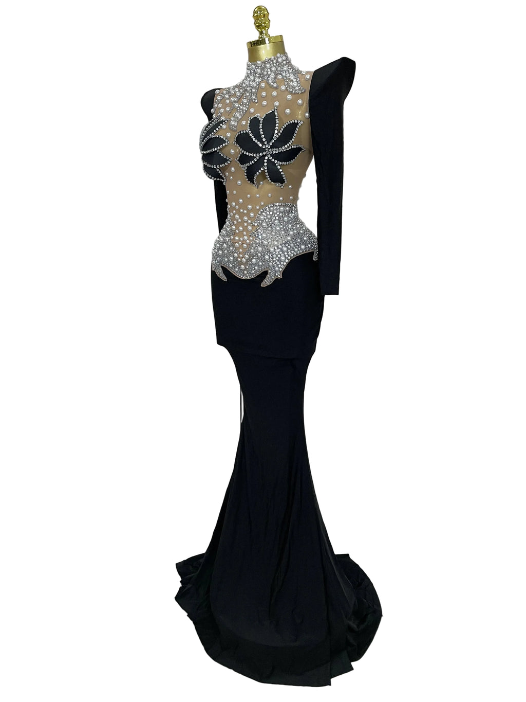 Sparkly Diamonds Pearl Black Sexy See Through Mesh Long Dress Women Wedding Evening Luxury Birthday Party Stage Photoshoot Dress