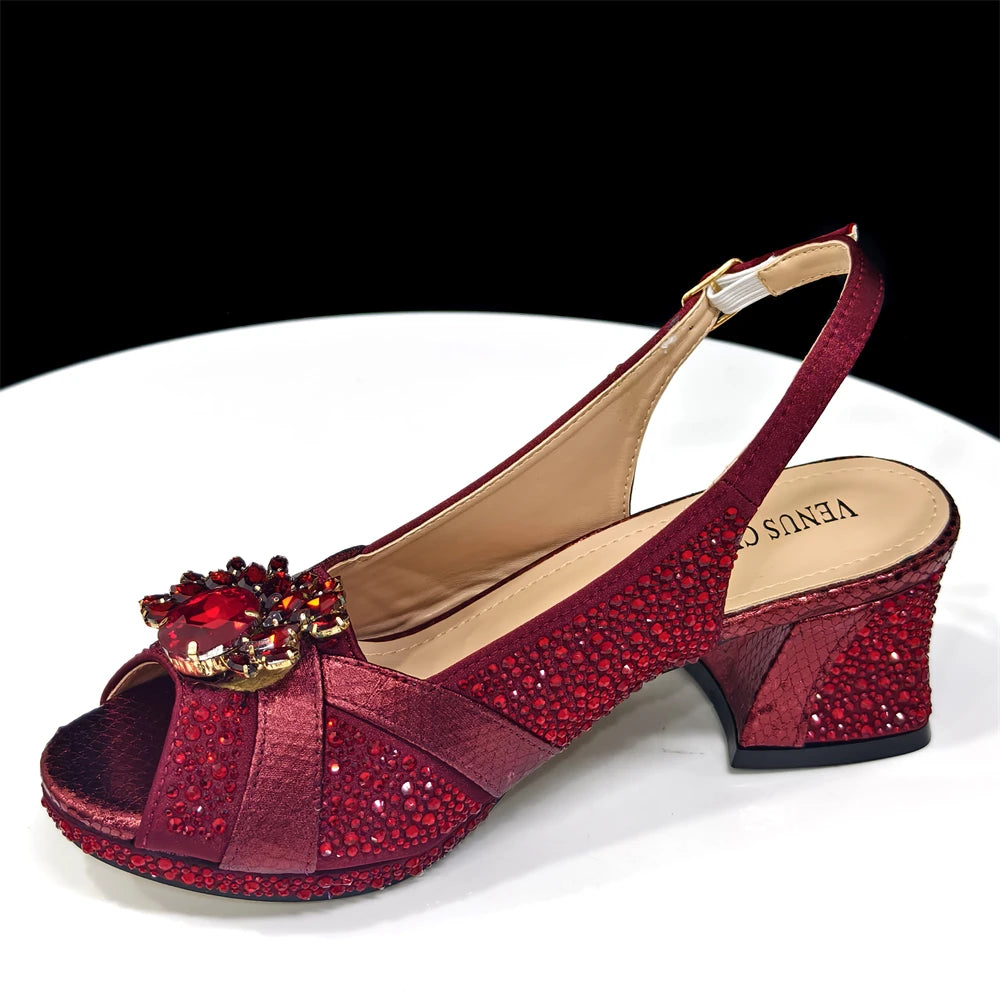 Venus Chan Elegant 2025 Gold Peep-Toe Heels with Diamond Accents - Italian Matching Pumps and Bag Set for Parties