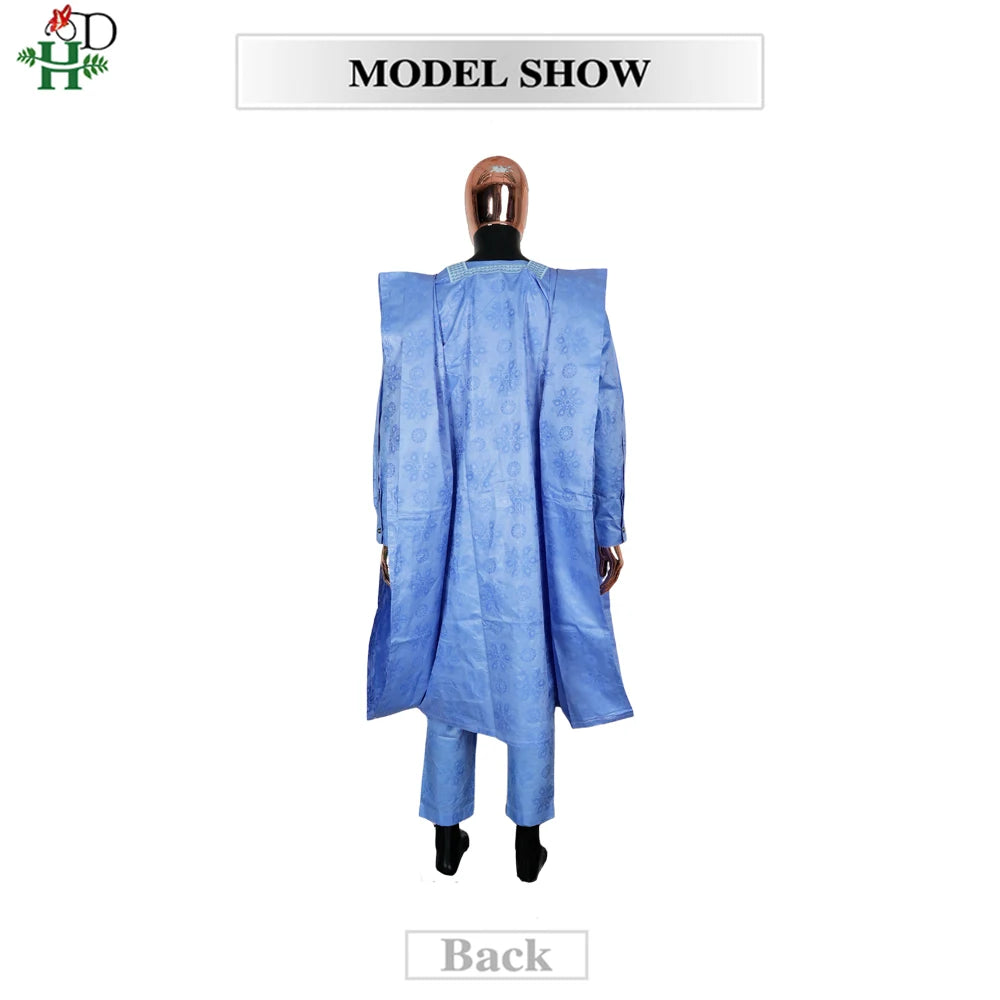 H&D African Clothes Embroidery Blue Gown Plus Size For Men Elegant Party Wedding Thobe 3 PC Top and Pants Suits Set Daily Wear