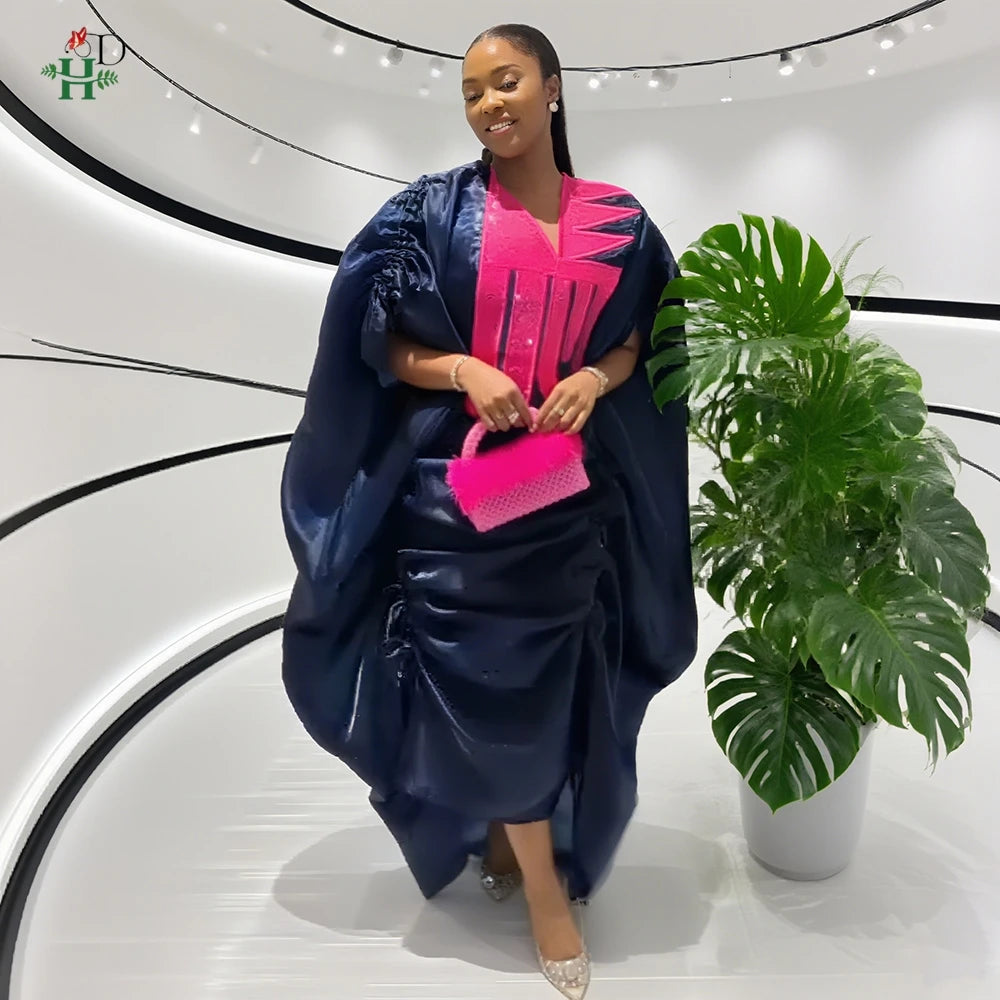 H&D African Women Plus Size Clothes New Arrival V-Neck Batwing Sleeve Embroidered Ruched Irregular Dress Wedding Gown Bubu Robe