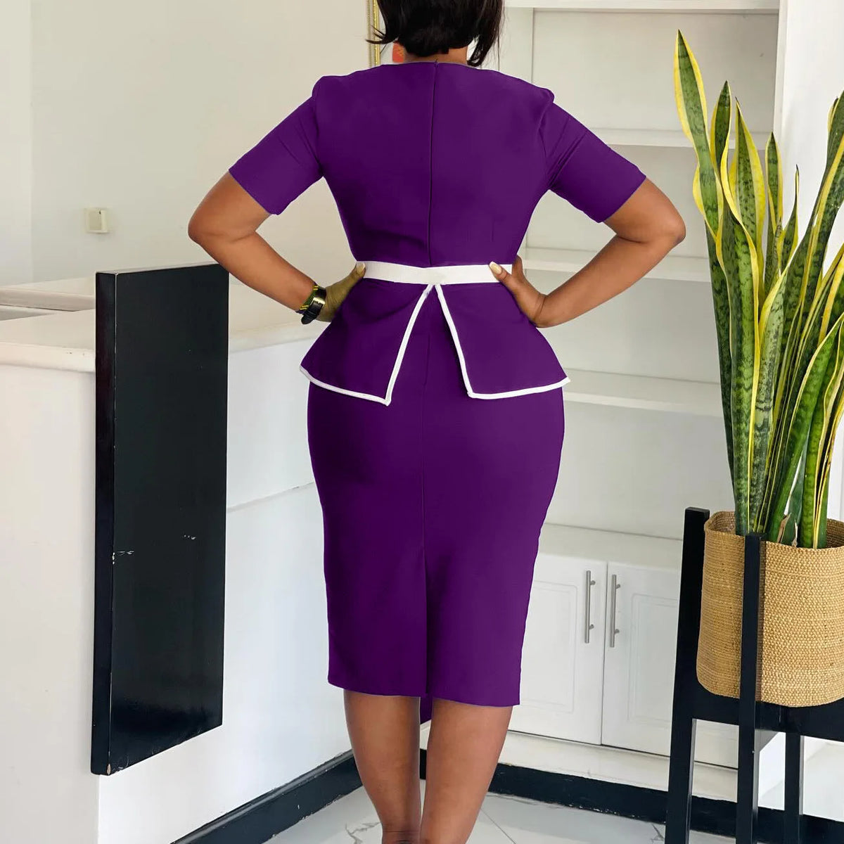 Elegant Fashionable Stretchy Short Sleeve Wrap Body Midi Dress Large Size African Style Commute Dress High Waist Skirt