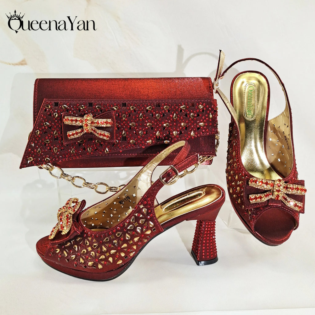 2025 Elegant Women's Peep-Toe Heels and Matching Olive Color Diamond Pumps Set Stylish Italian Shoes and Bags for Parties
