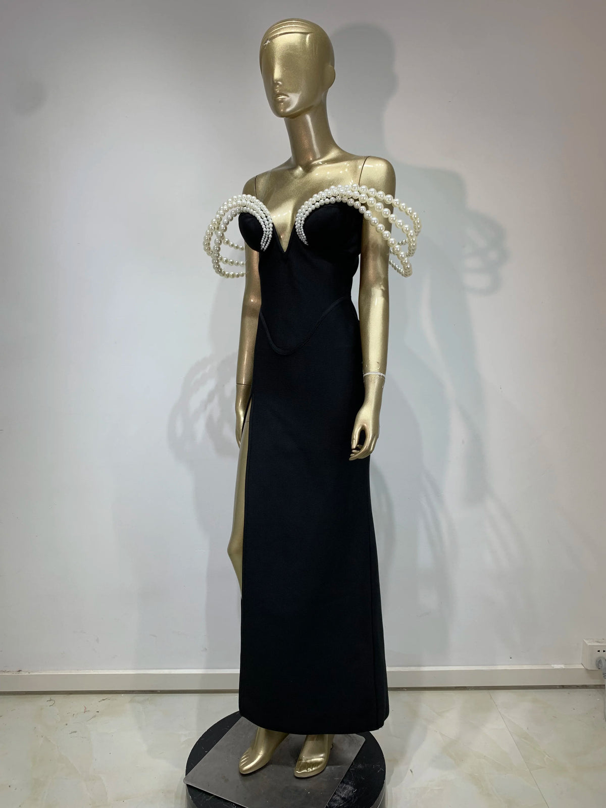 Women Celebrity Sexy Off Shoulder Pearl Black Maxi Long Bandage Bodycon Dress 2025 Elegant Evening Club Party Outfit