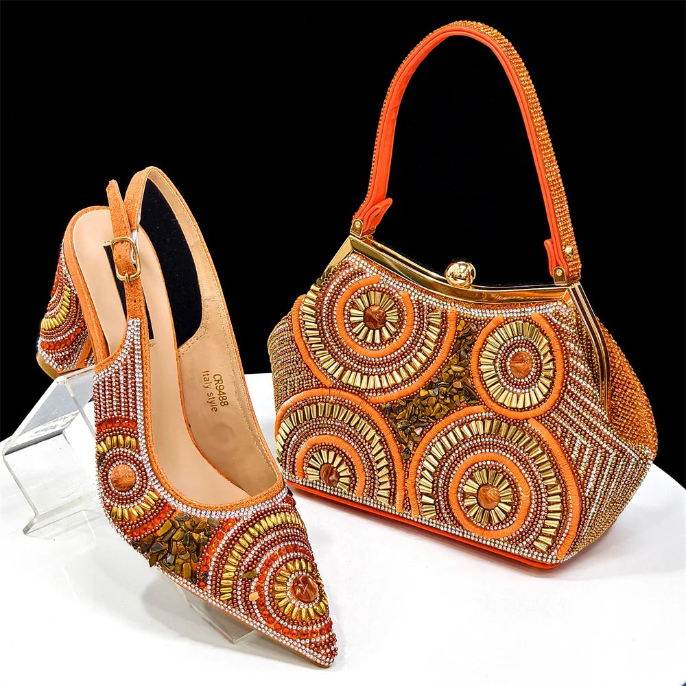 2025 Fashion Newest Arrival Orange Pointed Toe Women Sandals Shoes Matching Bag Set for Ladies Wedding Party Pump