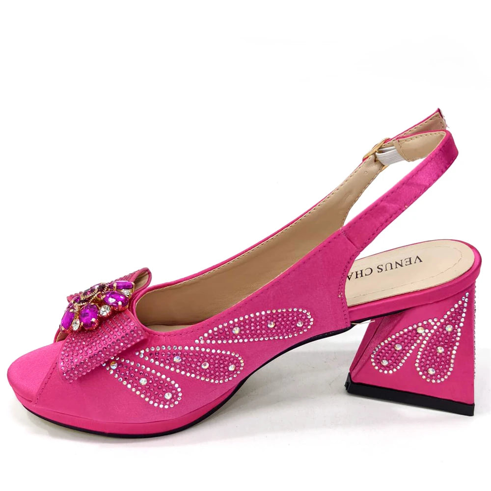 Venus Chan Italian Shoes and Bags Matching Set 2024 Peep Toe High Heels Peach Colour Bow Rhinestones Women Shoes for Party