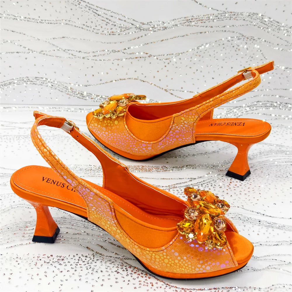 Venus Chan 2025 Fashionable Orange Open Toe Women's Sandals with Matching Bag Set - Perfect for Weddings and Parties