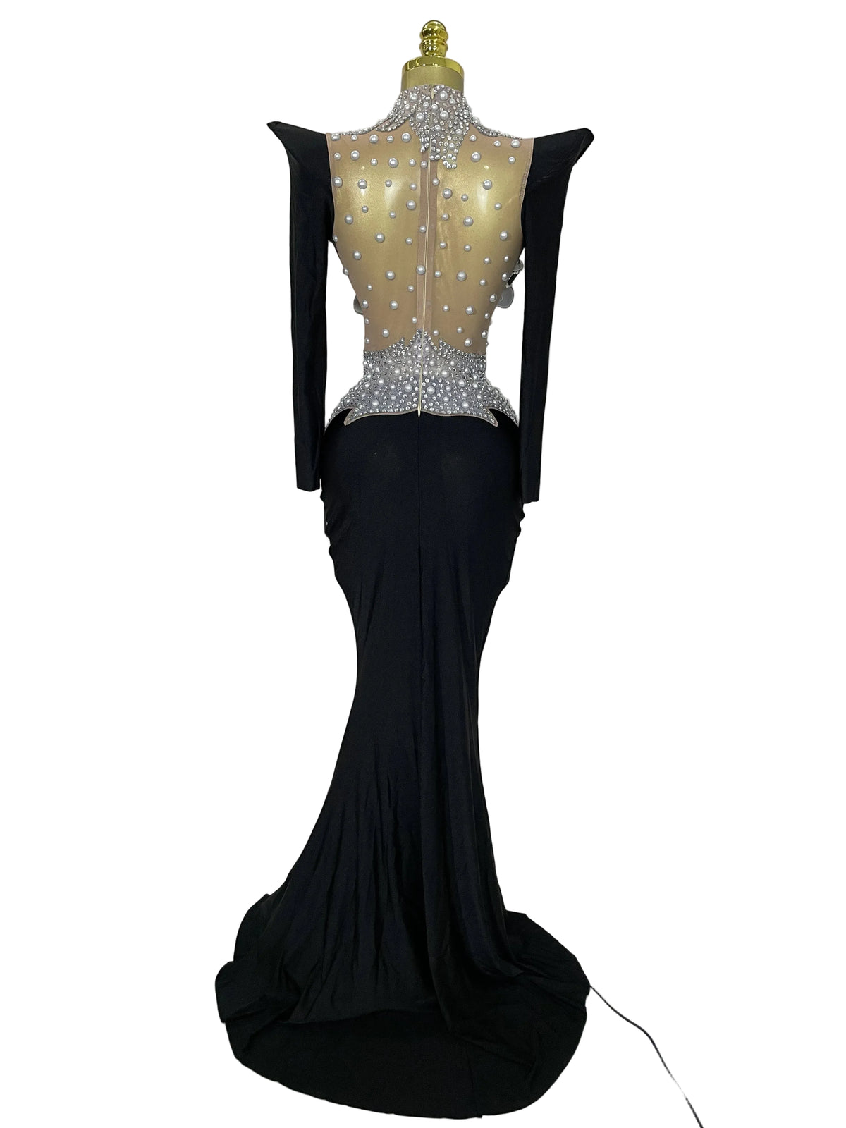 Sparkly Diamonds Pearl Black Sexy See Through Mesh Long Dress Women Wedding Evening Luxury Birthday Party Stage Photoshoot Dress
