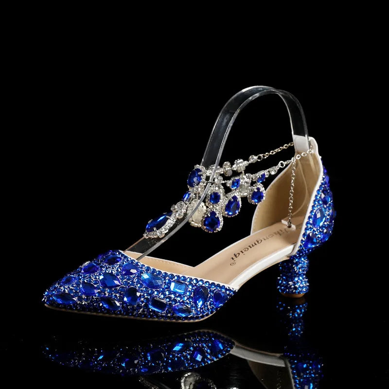 New 5cm Rhinestone shoes buckle round heel blue pointed Crystal Wedding sandals social dance Prom shoes Latin  shoes size 35-43