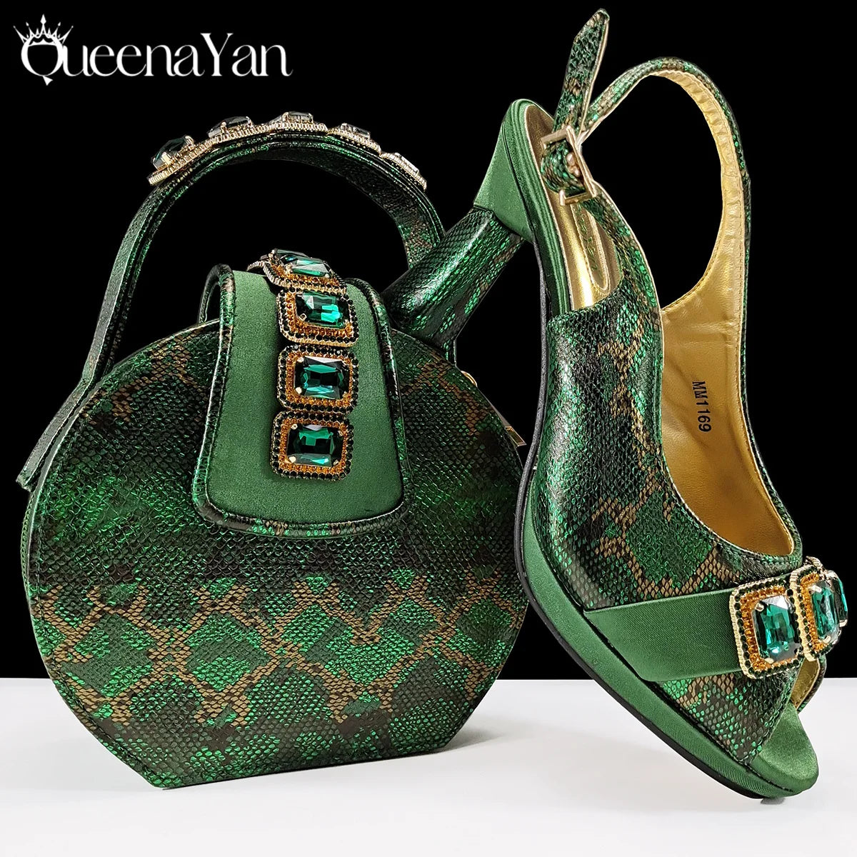 2025 Elegant Green Peep-Toe Women Heel Pumps for Italian Matching Party Shoes and Bags Set for Parties with Diamond Accents