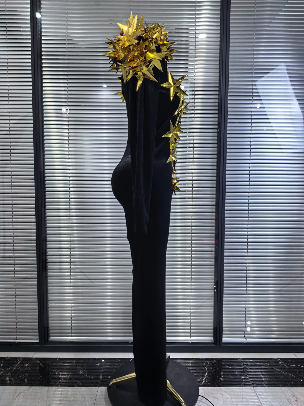 Black Color Women Long Sleeve Golden Stars Velvet Bodycon Long Dress Celebrate Fashion Evening Party Birthday Photo Shoot Wear