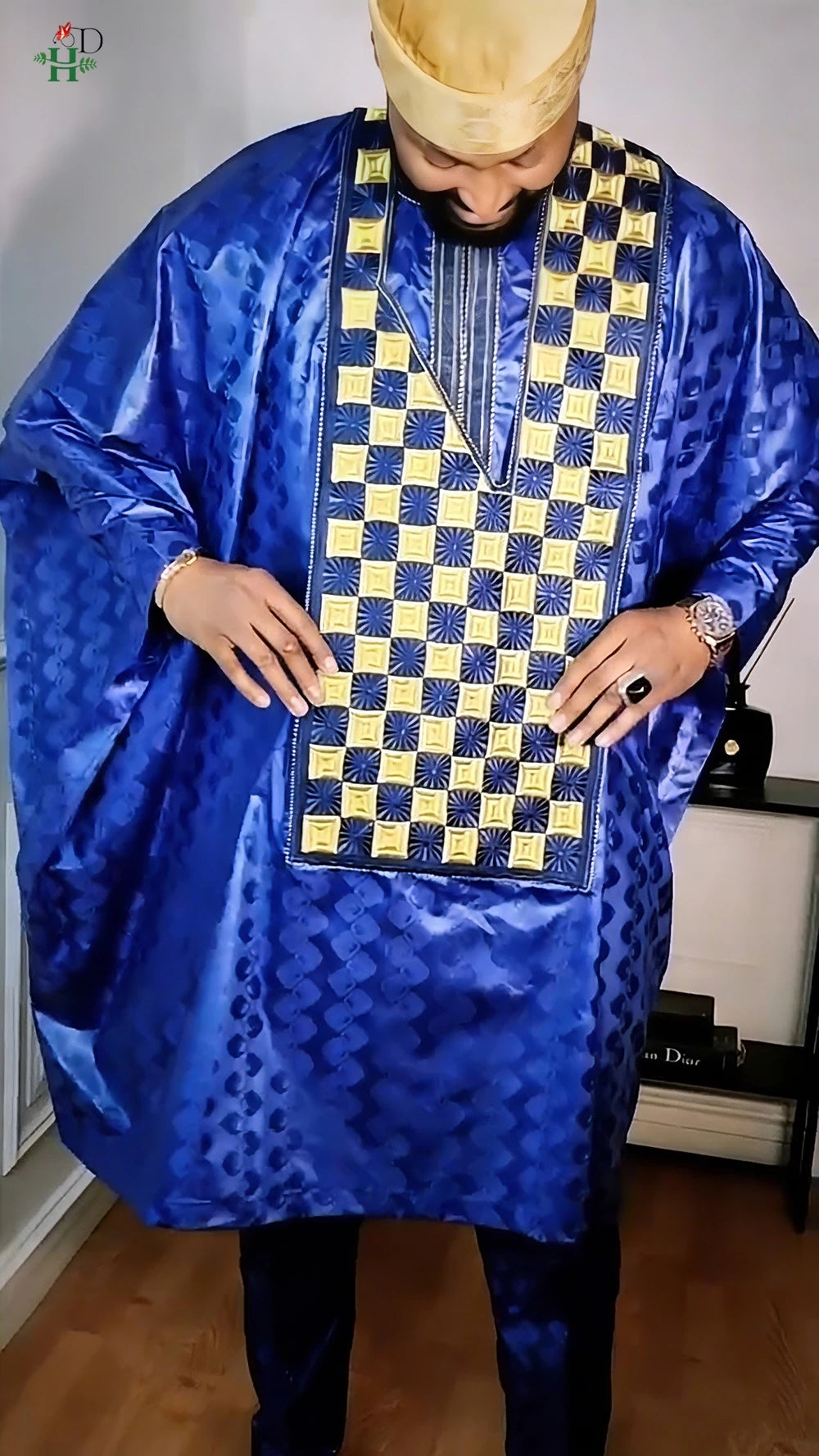 H&D African Clothing For Man Traditional Agbada Sets 3PCS Blue Bazin Riche Shirt Pant Embroidery Wedding Party Suits Plus Size