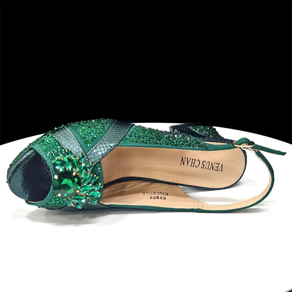 Venus Chan Elegant 2025 Gold Peep-Toe Heels with Diamond Accents - Italian Matching Pumps and Bag Set for Parties