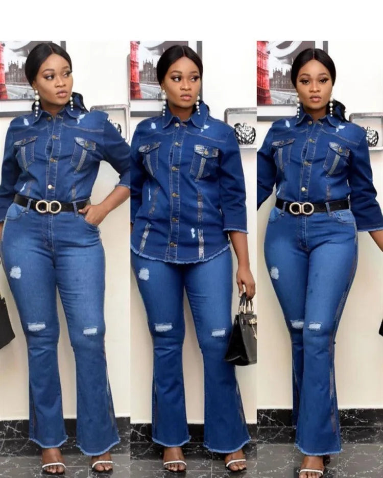 Two Piece Set Women Cowboy Suit Jean Jacket Single Breasted Turndown Collar Hole Flare Pants Female Outfits Casual Ensemble