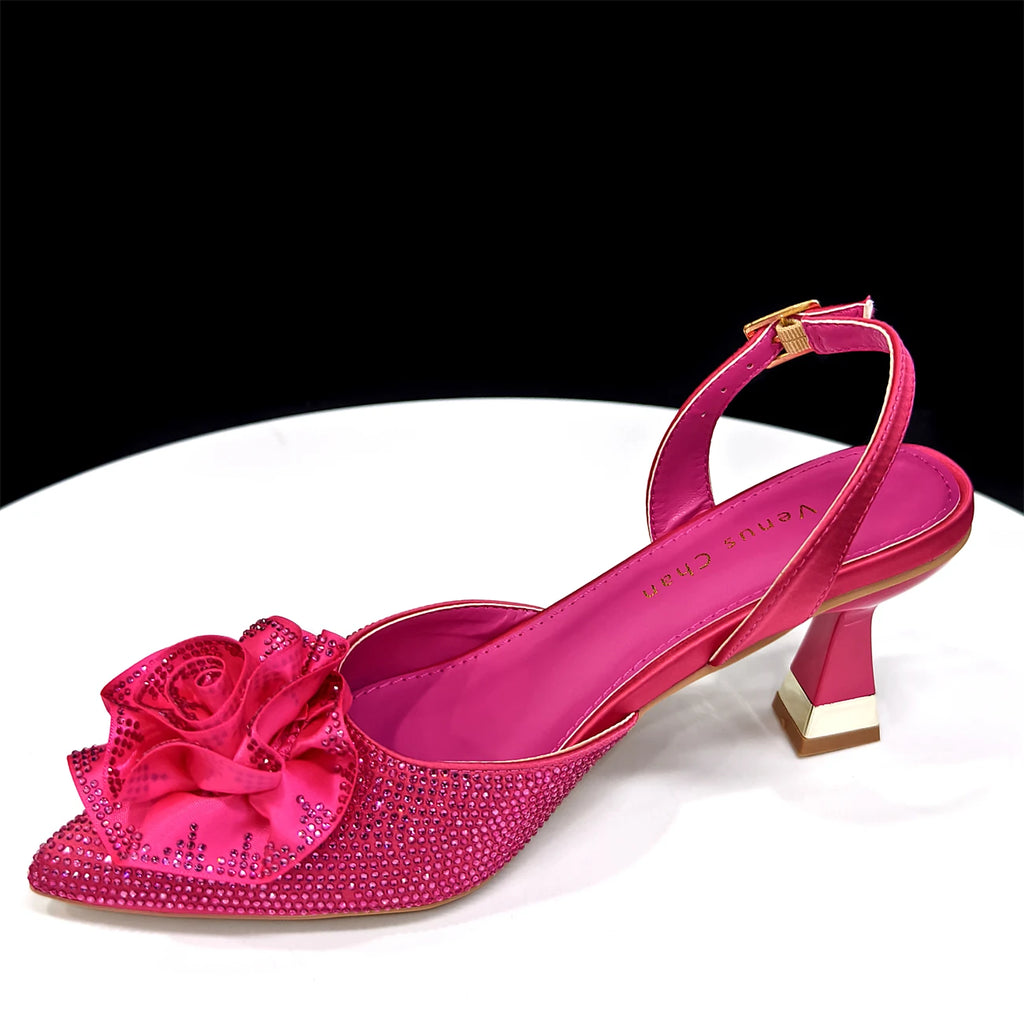 Venus Chan 2025 Elegant Shiny Green Handbag & Medium Heel Shoe Set with Exquisite Handmade Floral Accents for Weddings & Parties