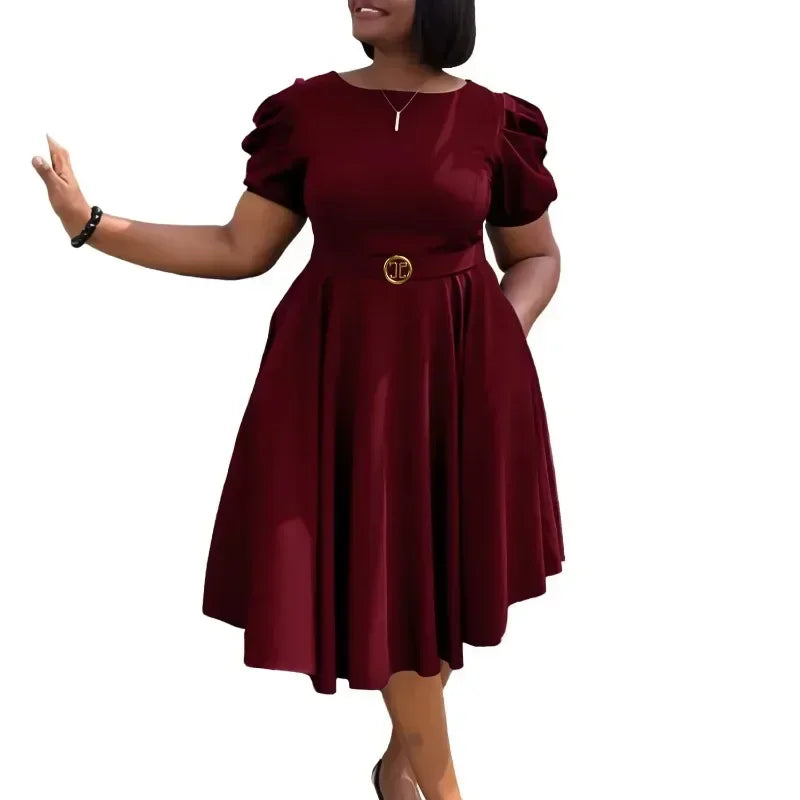 African Clothes for Women Autumn Fashion African Short Sleeve Polyester Party Evening Pleat Midi Dress Outfits Africa Clothing
