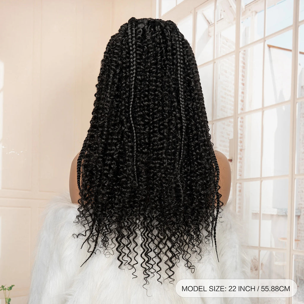13x6 Lace Frontal Synthetic Braids Wig 22 Inches Cornrow Braided Wig with Curly Handmade Knotless Braiding Wig for Black Women