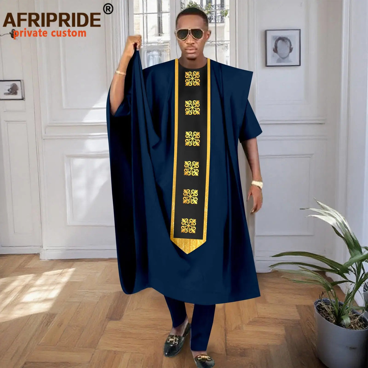 African Men Traditional Clothing Embroidery Agbada Robe Short Sleeve Shirts Pants 3 Piece Set Tribal Outftis for Wedding 2516078