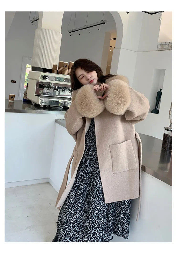 Faced Wool Ladies Winter Jacket Hooded coats Women Luxurious Real Fox Fur Coat Lose Clothing Cashmere Double