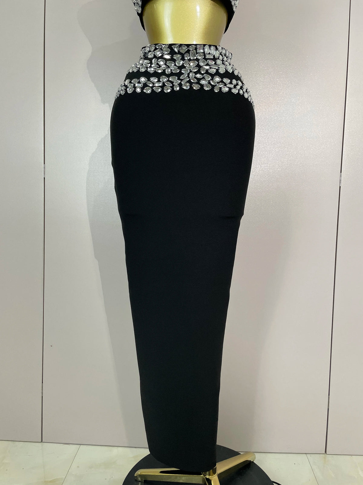 New Luxury Shining Sewed Diamond Black Long Bandage Two Piece Set Women Celebrate Evening Party Elegant Celebrity Birthday Dress