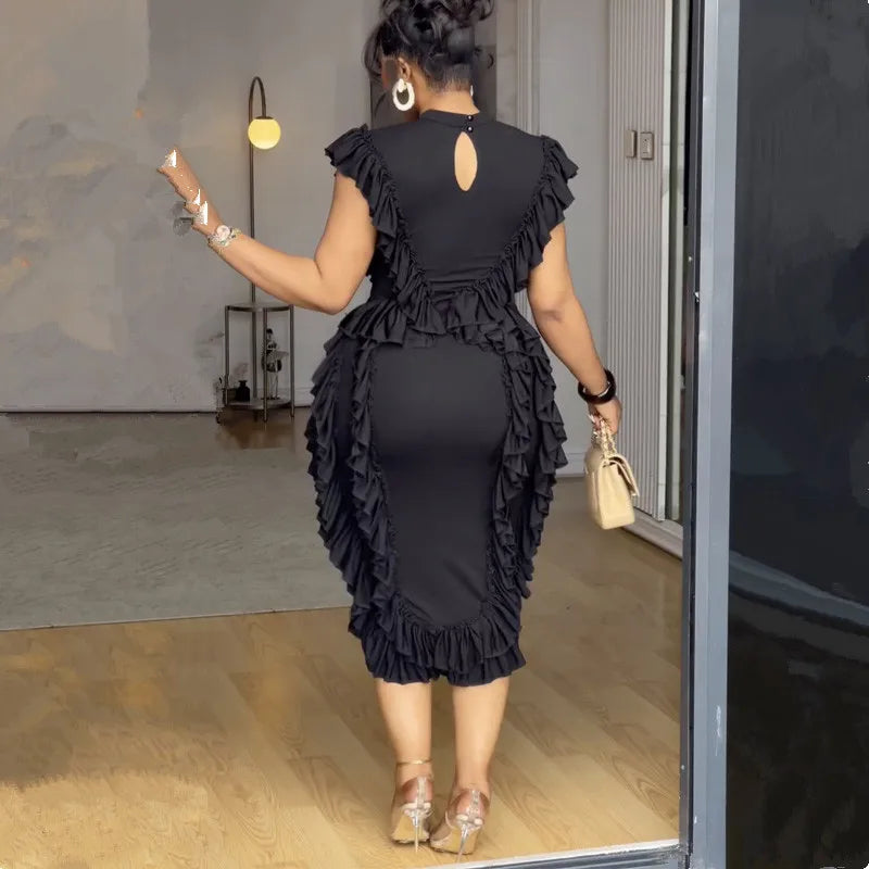Elegant Women Summer Ruffles Dress Sleeveless Bodycon Round Neck Casual Vintage Slim Evening Party Club Midi Dresses