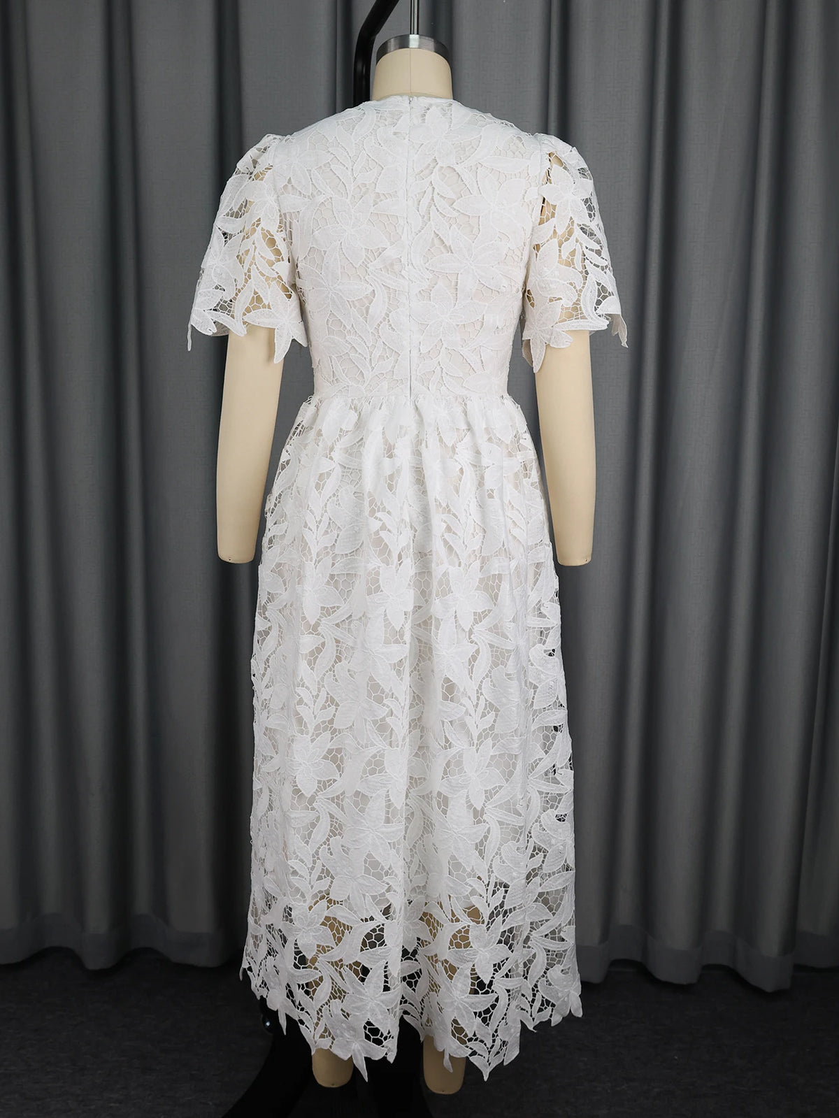 Elegant Lace Dress Irregualr Length Wedding Guest Bridal Shower for Bride Midi O Neck Hollow Out Women Classy Business Party New
