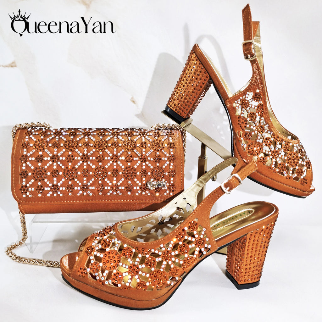 2025 New Rhinestone Design African-Inspired Shoe and Bag Set Olive Toe-Exposing Comfortable Women's High Heels Trending on INS