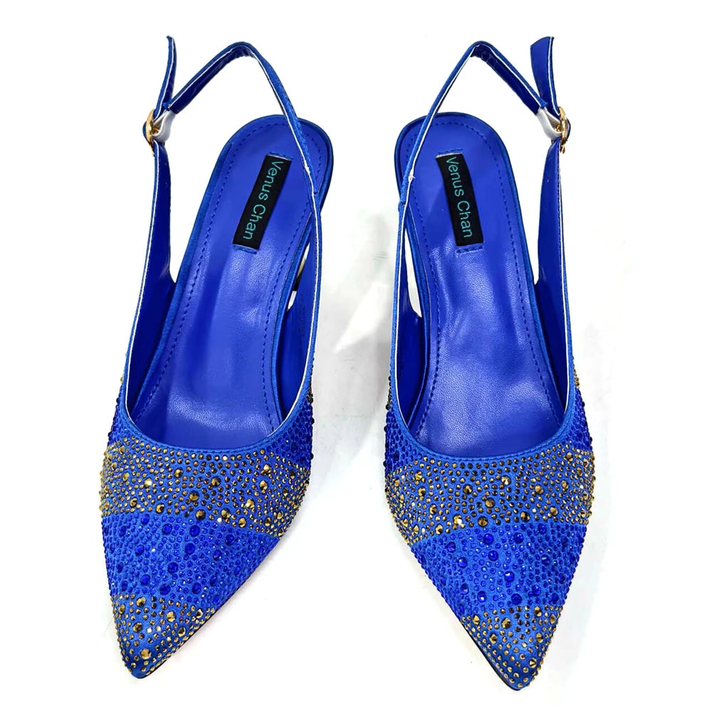 Venus Chan- Elegant High Heels Shoes and Bag Set for Women Pointed Toe Black Color Hollow Rhinestones Matching Bag INS 2024
