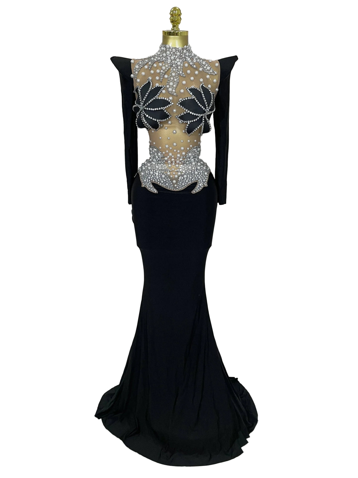 Sparkly Diamonds Pearl Black Sexy See Through Mesh Long Dress Women Wedding Evening Luxury Birthday Party Stage Photoshoot Dress