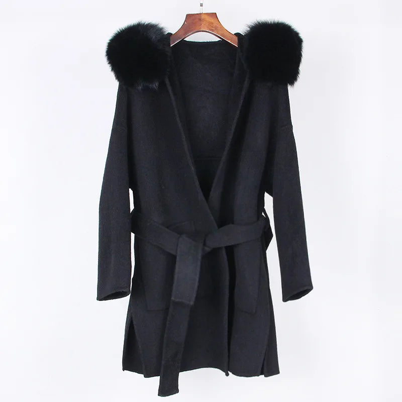 2024 New Oversize Ladies Outerwear Real Fur Coat Winter Jacket Women Natural Fox Fur Collar Cuffs Hood Cashmere Wool Woolen