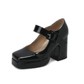 Size 33-48 Patent Shiny PU Leather Lady Office Pumps Wide Buckle Strap Platform Mary Janes Shoes Spring Fall Block Chunky Heels