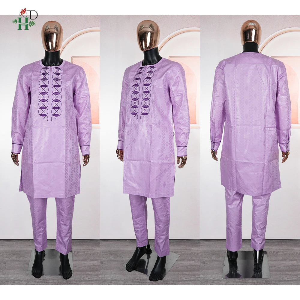 H&D African Clothing For Man Traditional Agbada Sets 2PCS Purple Bazin Riche Shirt Pant Embroidery Wedding Party Suits Plus Size