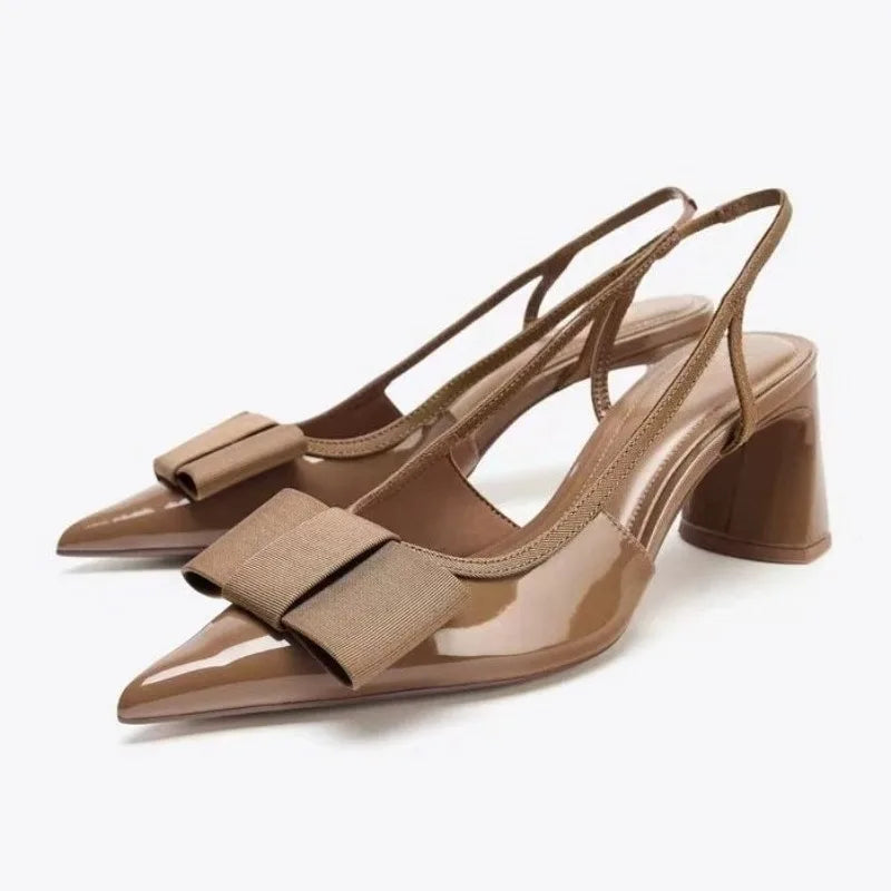 Sexy Burgundy Patent Leather Pointed Toe Pumps Women Fashion Bow Slingback Brand Designer Shoes Elegant Cozy Banquet Dress Shoes