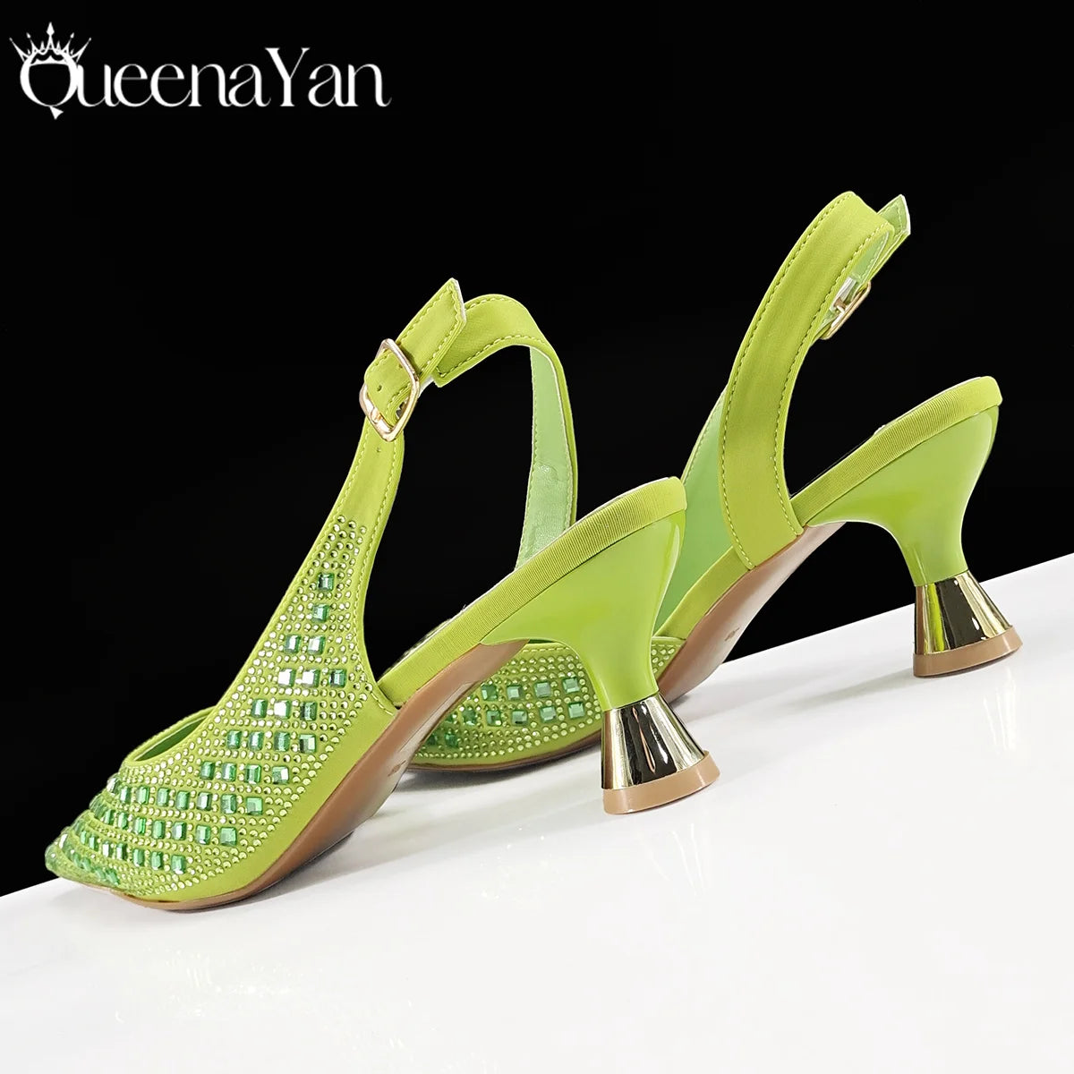 Queena Yan 2025 Italian Design Rhinestone Luxury Navy Blue Pointed Toe Shoe & Bag Set Women High Heels for Parties High Quality