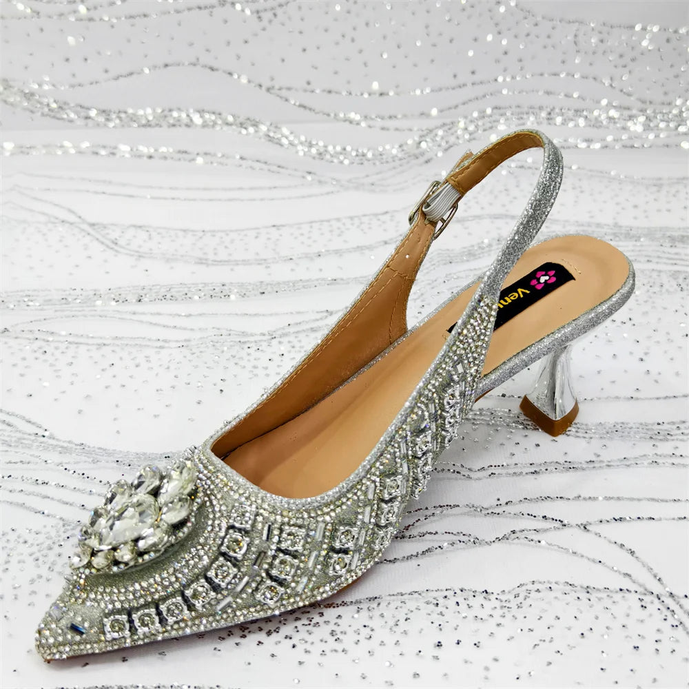 Venus Chan 2025 Elegant Rhinestone Pointed Toe Pumps With Matching Bag Set Large Size shoes Big Bag for Women's Party High Heels