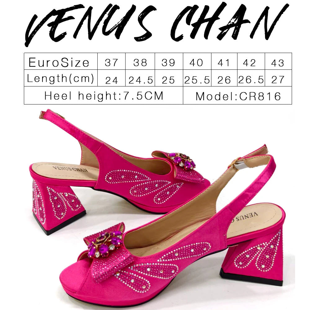 Venus Chan Italian Shoes and Bags Matching Set 2024 Peep Toe High Heels Peach Colour Bow Rhinestones Women Shoes for Party