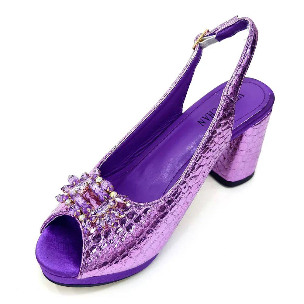 New Arrival Purple Colour Shoe and Bag Set Luxury Designer Shoes Women Matching Wedding Shoes and Bags Decorated With Rhinestone