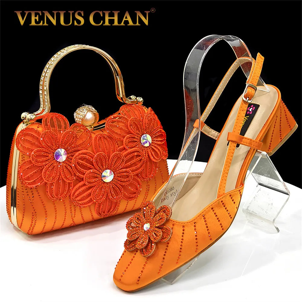 Venus Chan Italian Fashion Women's Elegant Orange Heels & Rhinestone Clutch Bag Set – Perfect for Parties and Special Occasions