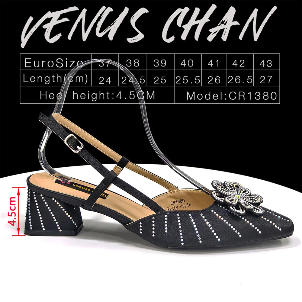 2026 New Elegant Italian Women's Black Heels with Rhinestones and Floral Accents & Matching Clutch Bag Set – Ideal for Parties